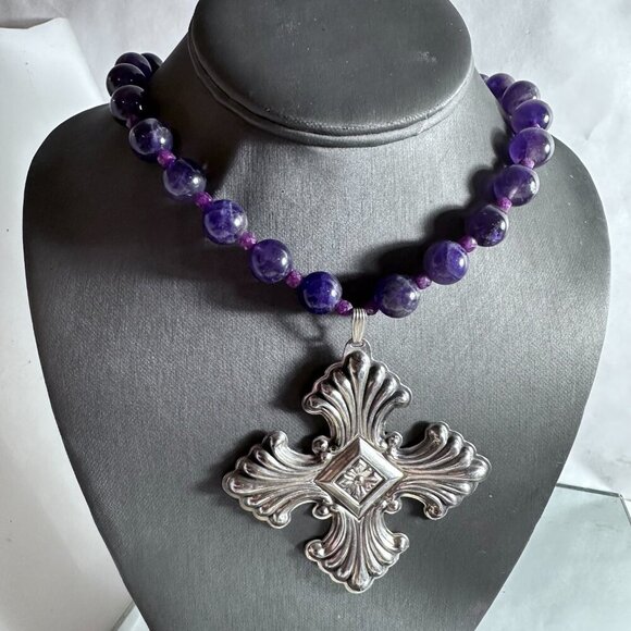 Maltese Cross Sterling Silver Genuine Ruby Amethyst Necklace 925 Choker Gift - Picture 2 of 8